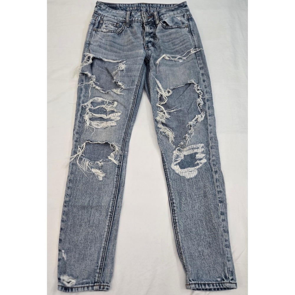 American Eagle Tomgirl 00 THRASH Distressed Jeans Light Wash 100% Cotton Mom Fit
